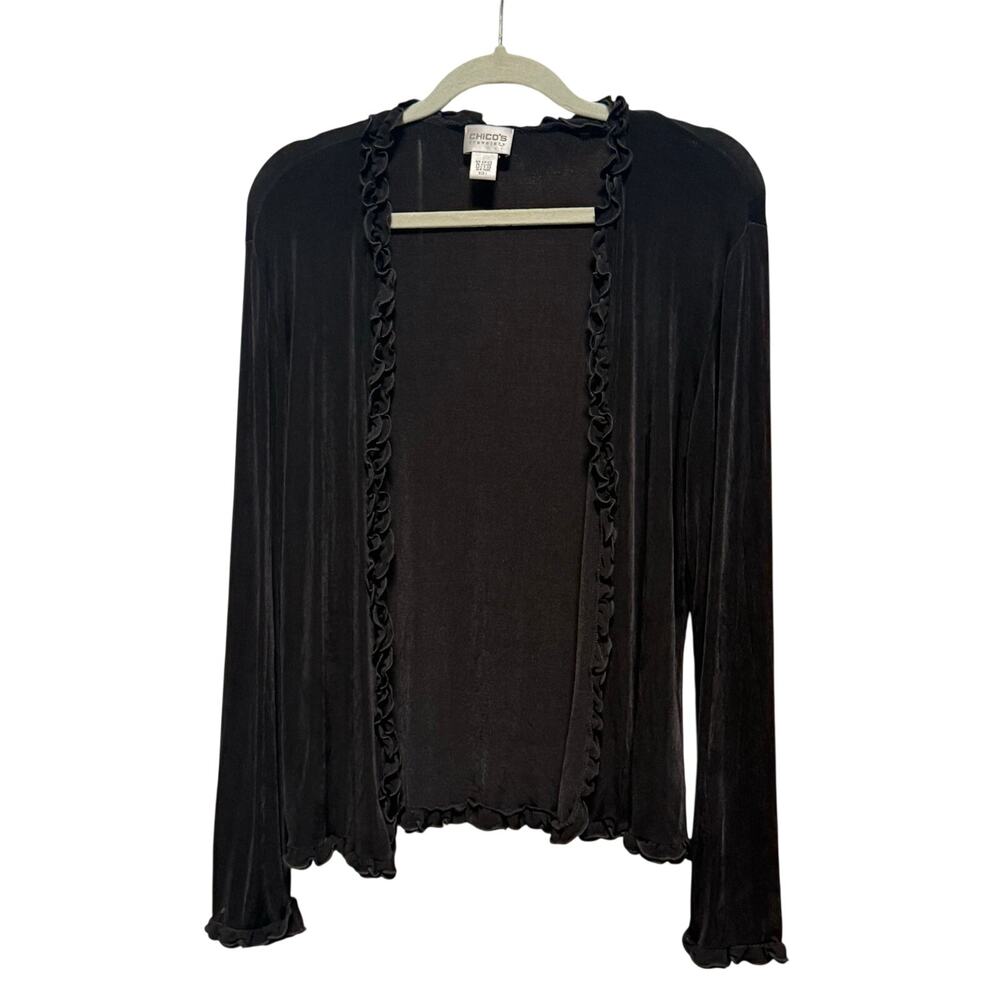 Chico's Travelers Cardigan Size 1 Black Open Front Ruffle Trim